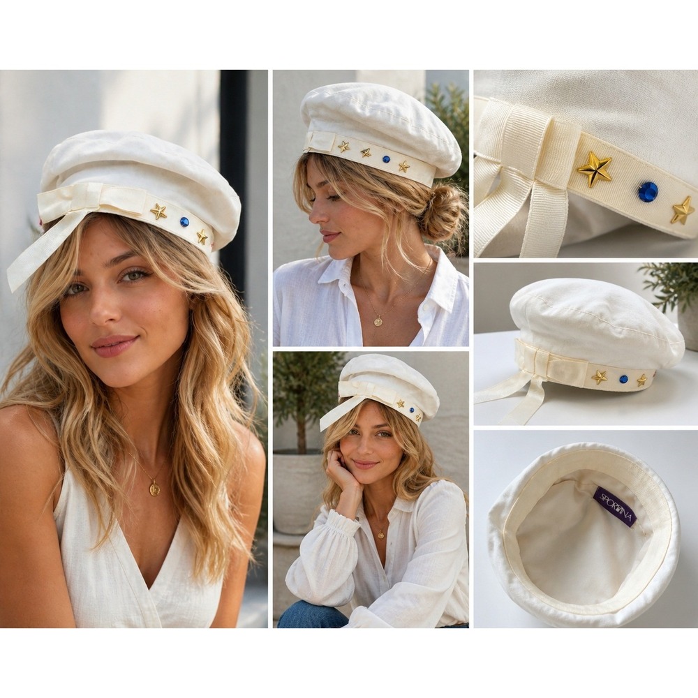 Vintage Sportina White‎ Cotton Beret Hat Star Studs Rhinestone Bow Celestial NWT